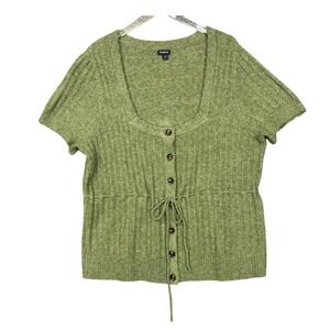 Torrid Sweater Womens 3X Green Ribbed Square Neck Cardigan Drawstring Waist